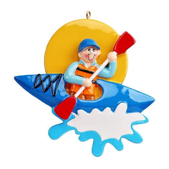 Boy in blue cap paddling a bright blue kayak with splash and yellow background from Christmas Ornaments collection