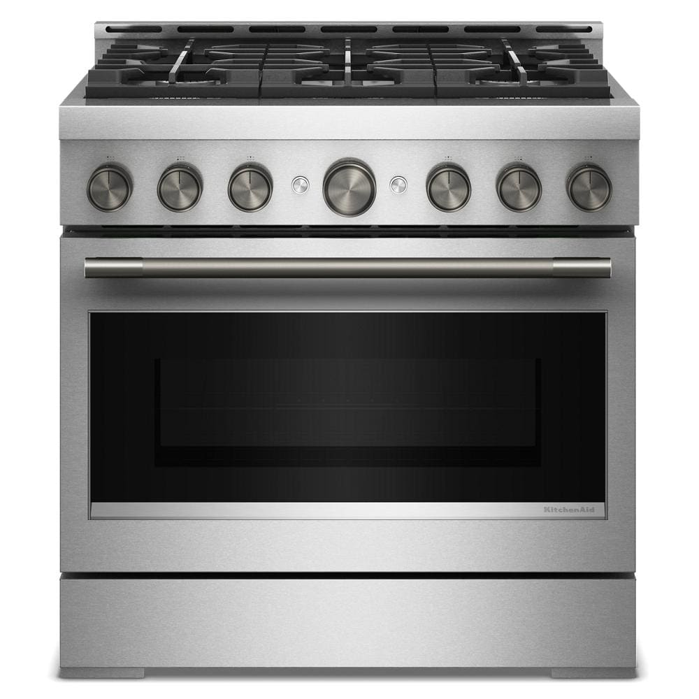 Stainless steel 36-inch commercial-style gas range with six burners and large oven door in modern kitchen appliance collection