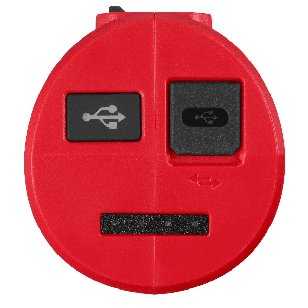 Red Milwaukee portable power supply end with USB ports for charging batteries and devices in tool accessories collections