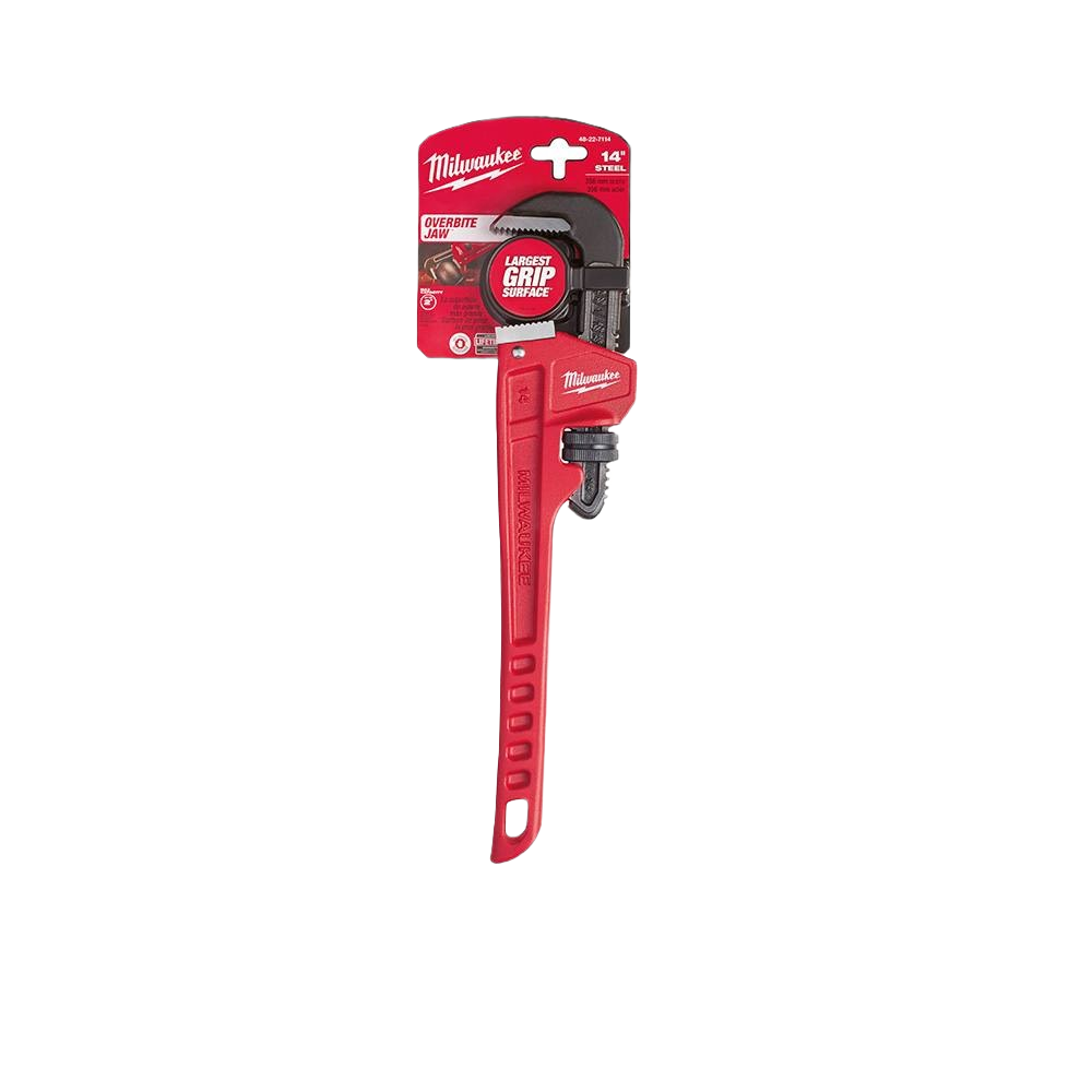 Red-handled 14-inch steel pipe wrench with overbite jaw for enhanced grip in tools and home improvement tasks