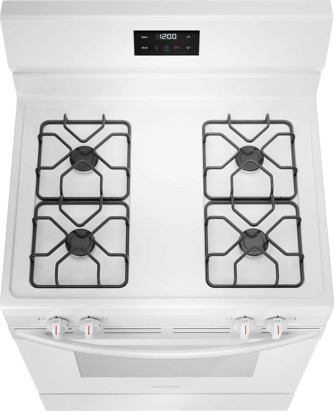 top view of white gas range with four burners and digital control panel for kitchen appliances and home improvement