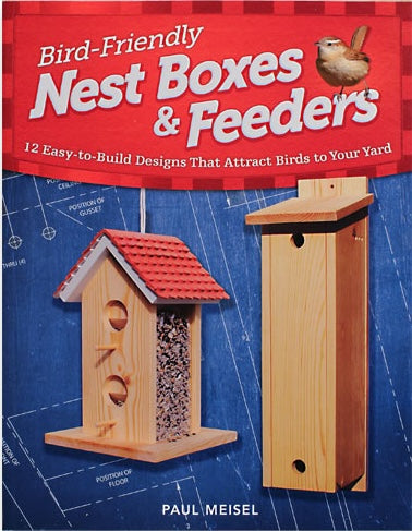 Cover of a book featuring DIY wooden birdhouses and feeders with a small bird illustration on a red checkered background
