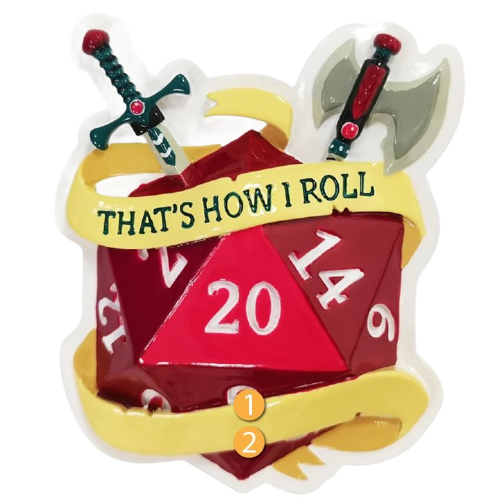 Red twenty-sided dice ornament with swords and yellow banner reading "That's How I Roll" from Christmas Ornaments collection