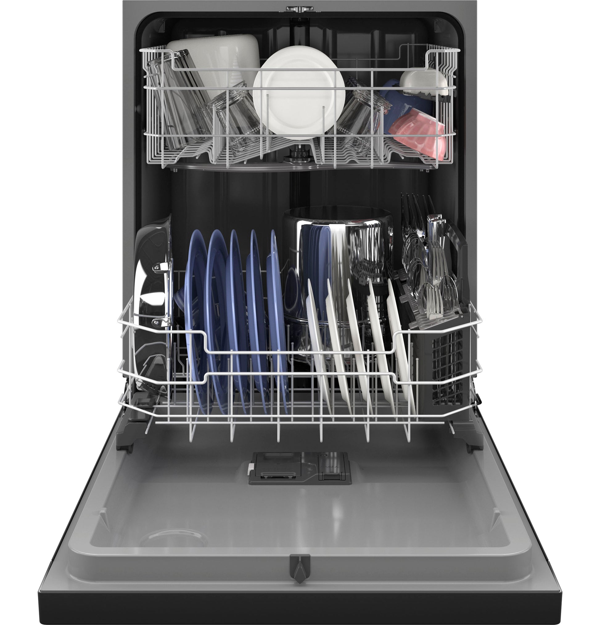 Open front load dishwasher with plastic interior, two racks loaded with dishes and utensils in kitchen appliances collection