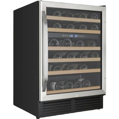 Freestanding beverage cooler with dual-zone temperature control, glass door, and wooden shelves in kitchen appliances collection