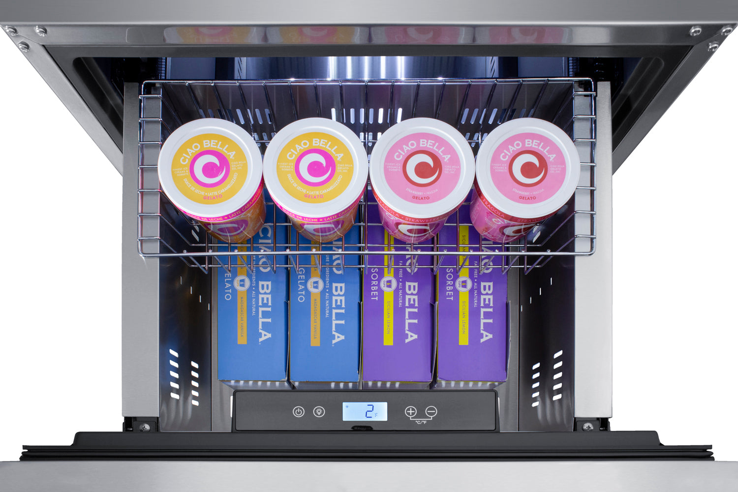 Open two-drawer all-freezer showing organized storage with colorful beverages inside, part of kitchen appliances collection