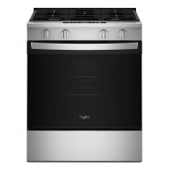 Front view of a stainless steel 30-inch gas range with four control knobs and black oven door, featured in kitchenware and appliance collections including gas ranges and home improvement.
