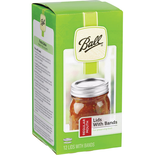 Green packaging box containing 12 regular mouth canning lids and bands for food preservation in kitchenware collections
