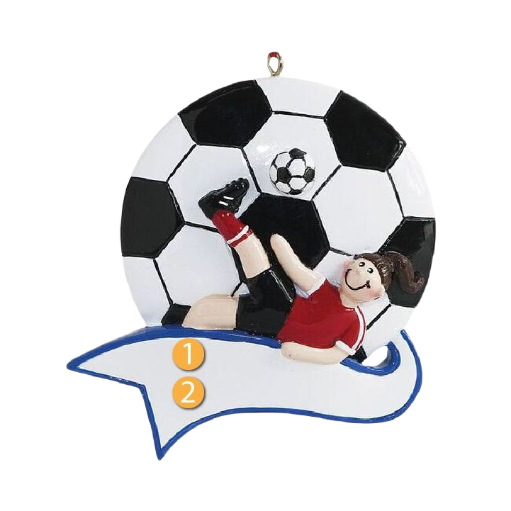 Girl kicking soccer ball ornament with customizable banner in Christmas Ornaments & Tree Decorations under $50 collection