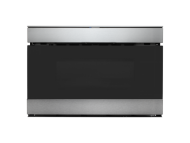 Built-in 24-inch stainless steel microwave drawer with black glass front, shown in Microwaves and Appliances collections