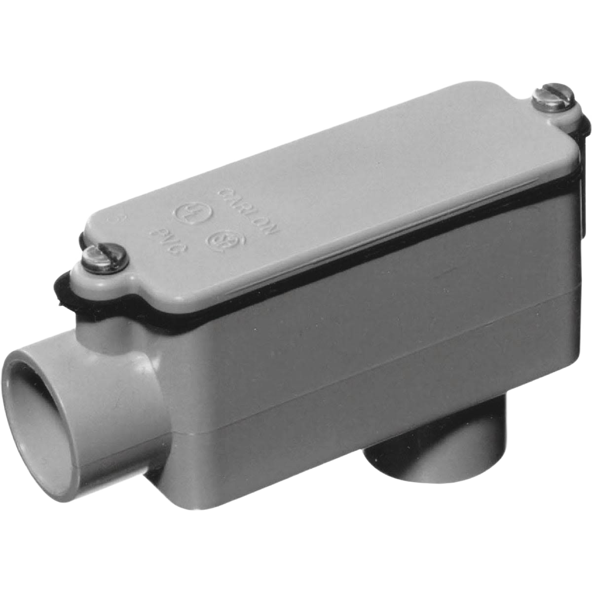 Gray PVC conduit fitting with cover for 90-degree wire access in electrical and home improvement collections