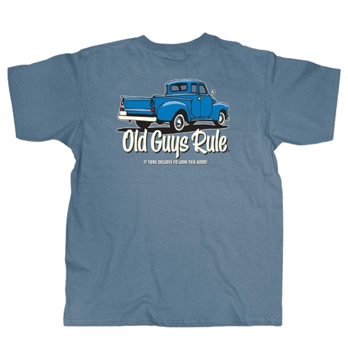 Blue Old Guys Rule shirt with vintage truck graphic and humorous text for men’s casual clothing under $50 collections