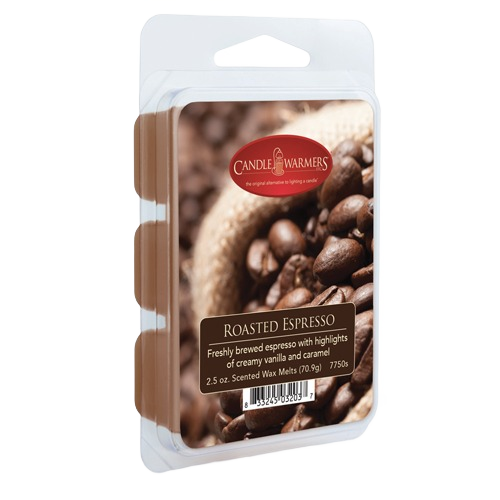 Clamshell pack of brown roasted espresso scented wax melts with coffee bean imagery for home fragrance.