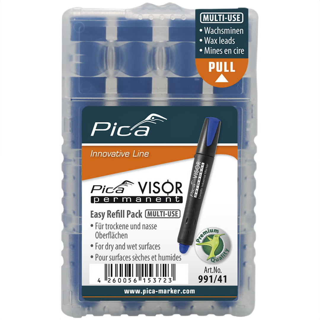 Pack of blue wax marker refills in a clear plastic case, suitable for woodworking and measuring tools collections.