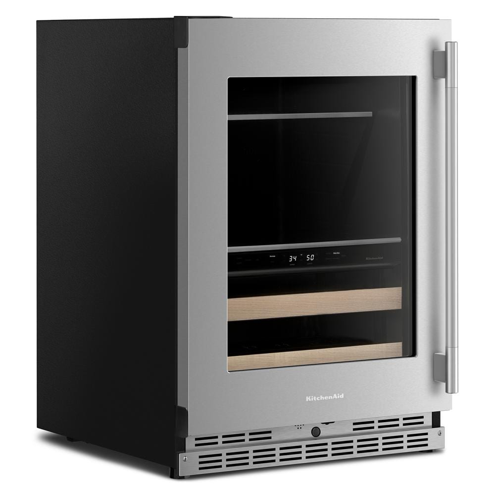 4.8 Cu. Ft. 24-Inch Beverage Center with Left Door Swing and 14-Wine Bottle Capacity with Wood-Front Racks in PrintShield® Stainless Steel