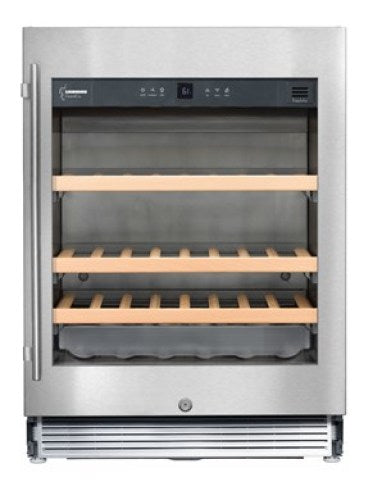 stainless steel under-worktop wine storage cabinet with wooden racks and digital control panel in appliances collection