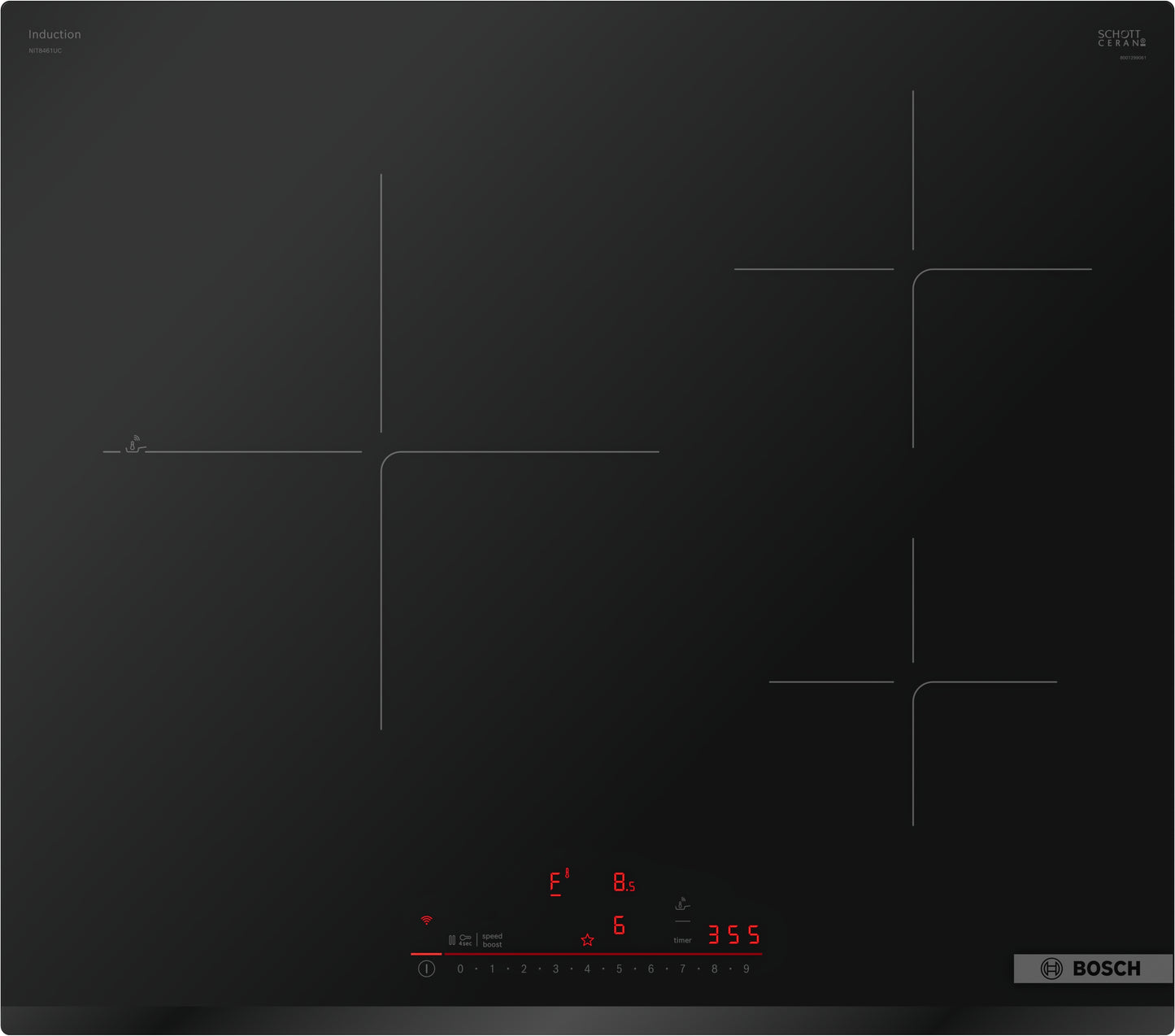 Black glass induction cooktop featuring four cooking zones with touch controls and Bosch branding in kitchenware collection