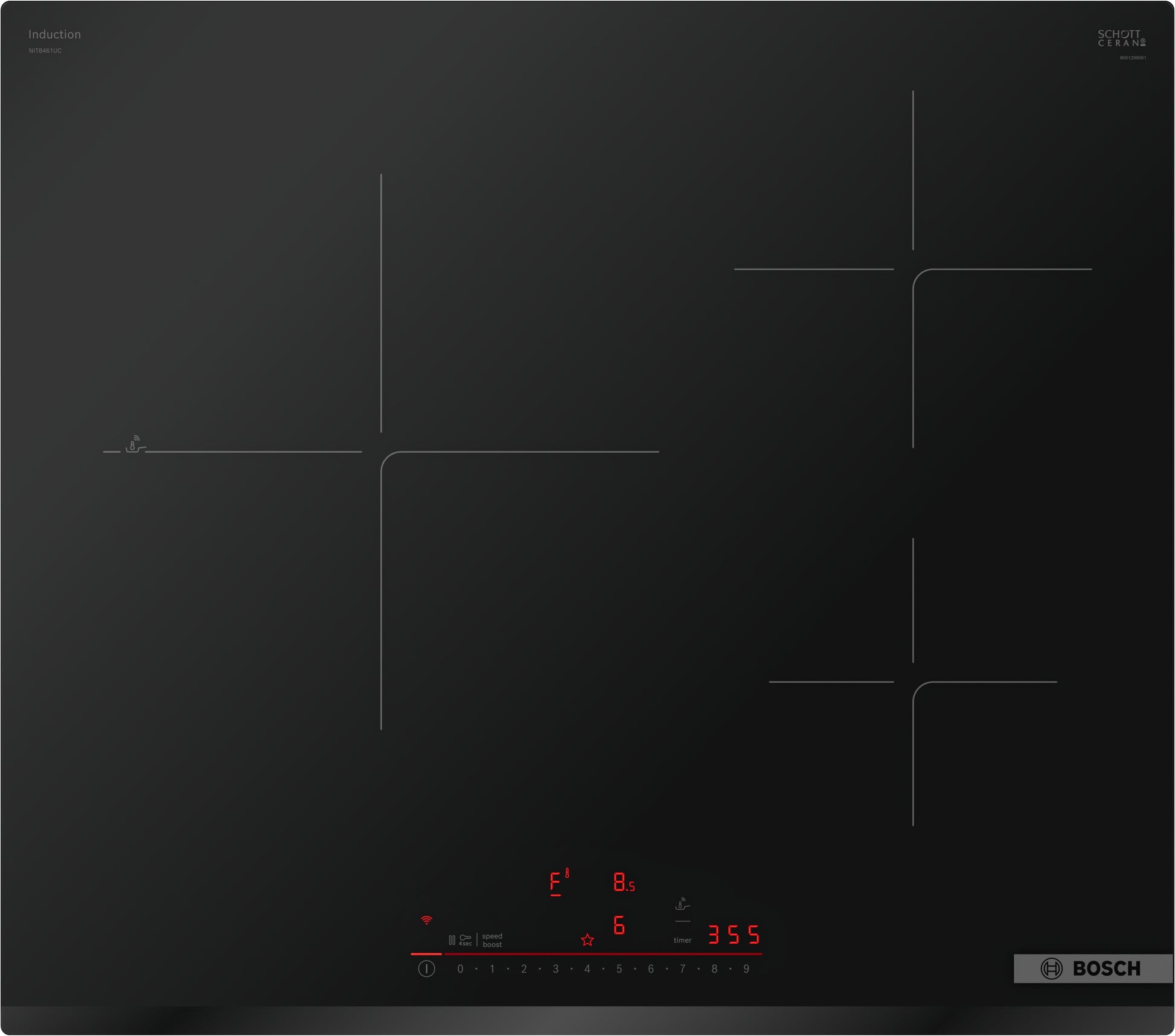 Black glass induction cooktop featuring four cooking zones with touch controls and Bosch branding in kitchenware collection