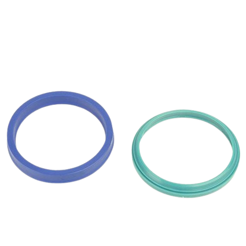 Two circular seals in blue and green designed for machinery maintenance and repair tasks in tools and home improvement.