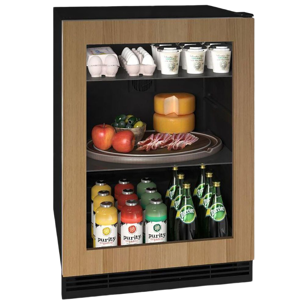 Compact counter-depth refrigerator with wood frame glass door stocked with beverages, cheese, eggs, and fruit from Appliances collection