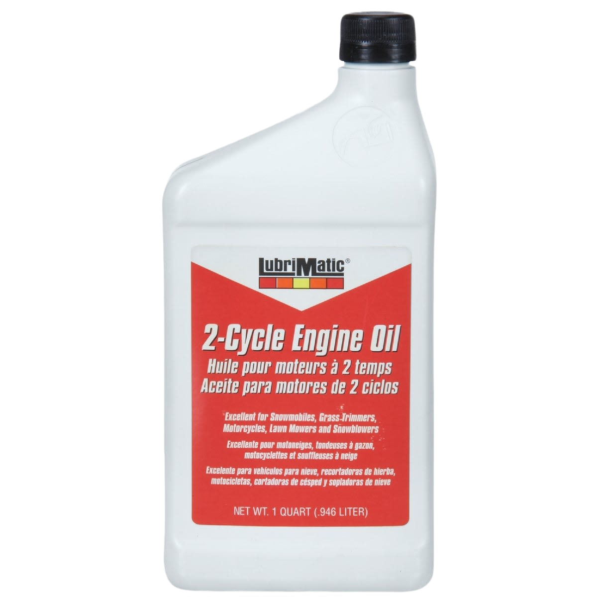 Plastic quart container of Lubrimatic 2-cycle engine oil with a red and white label for tools and home improvement use