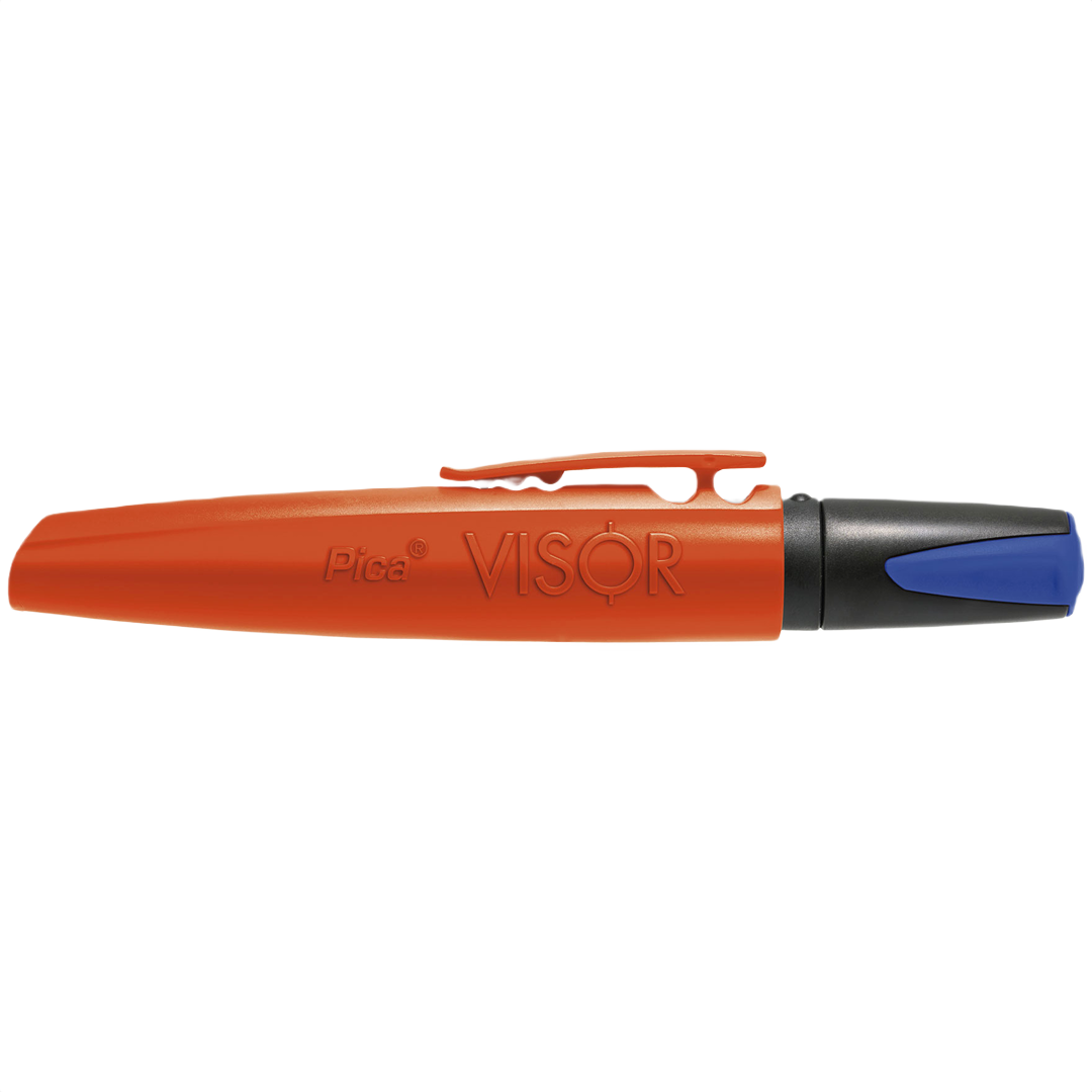 Blue-capped orange permanent marker for woodworking and measuring tools in hand and writing utensil collections