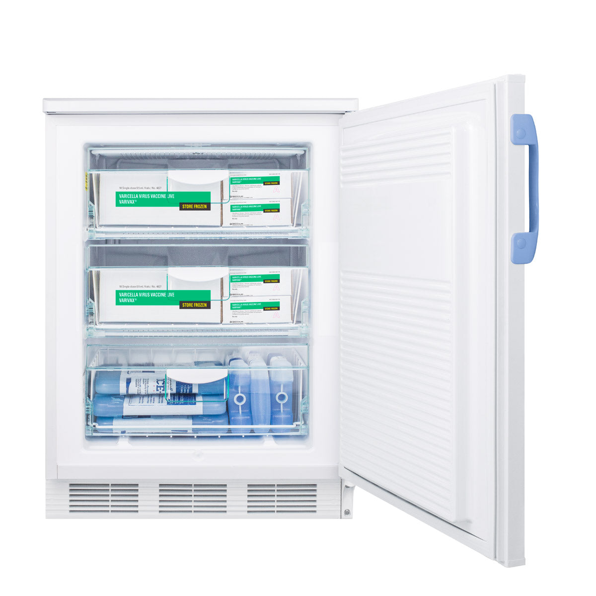 Open all-freezer with transparent drawers storing medical supplies and scientific materials from freezers collection