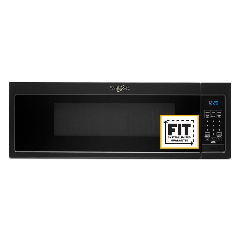 Black low profile over-the-range microwave with digital control panel and blue LED clock display from appliances collection