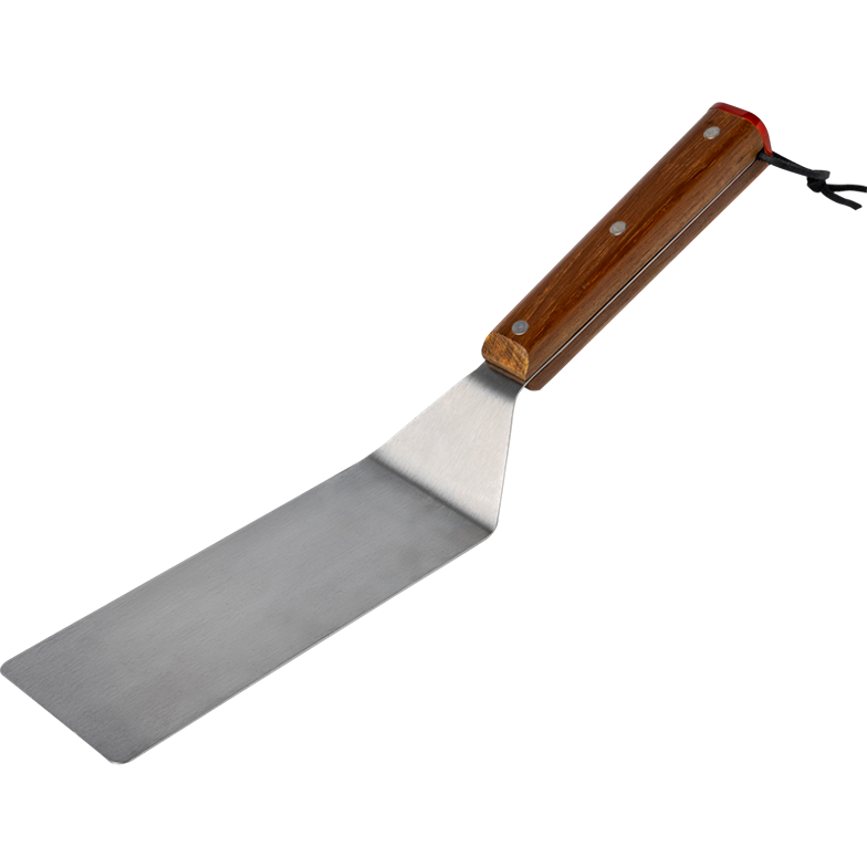 Flat metal spatula with wooden handle designed for grilling in outdoor living and grill accessories collections