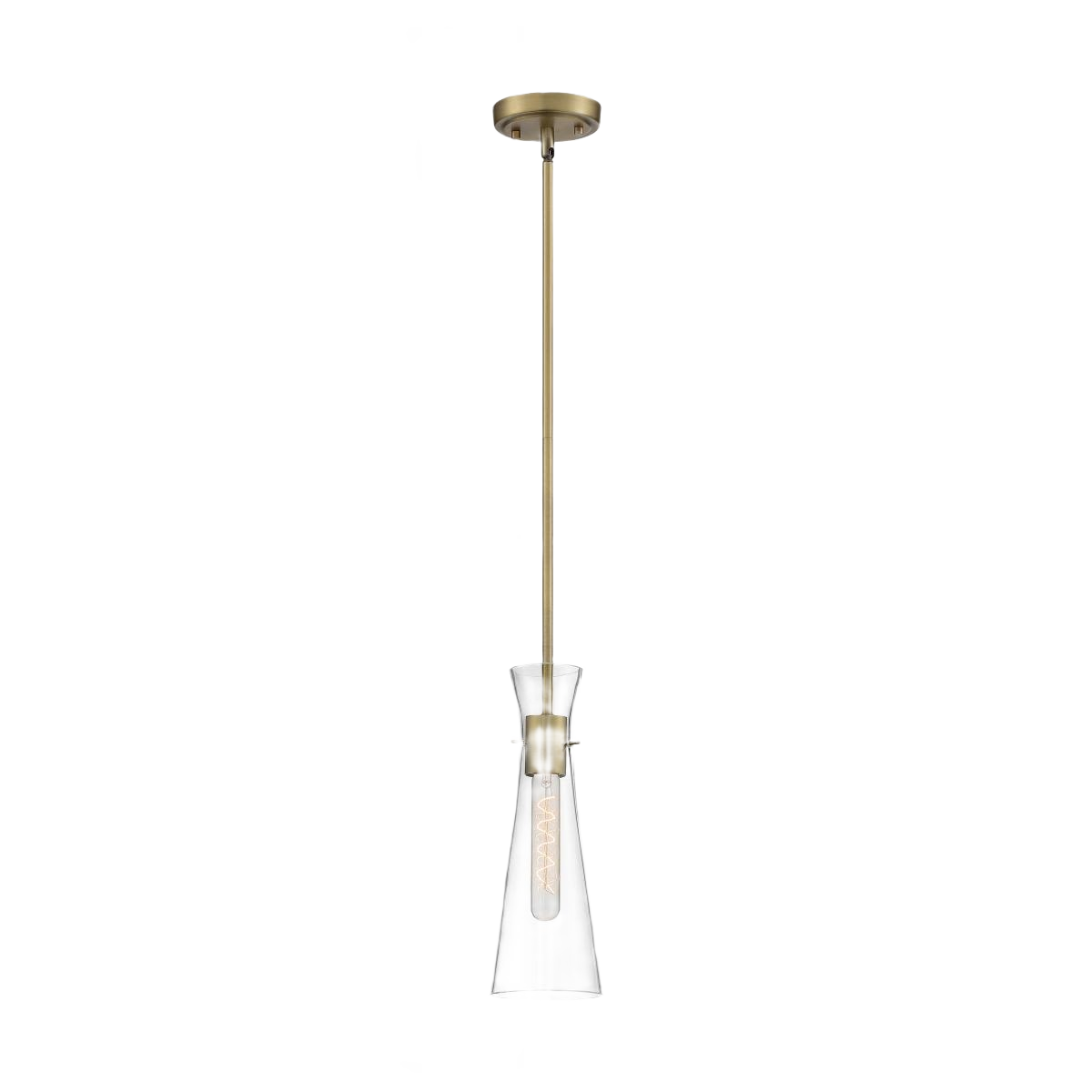 Single clear glass mini pendant light with brass finish, suitable for bathroom and pendant lighting collections.