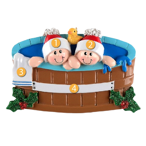 Cozy couple in Santa hats relaxing in a hot tub with rubber ducky and holly accents for festive tree décor under $50