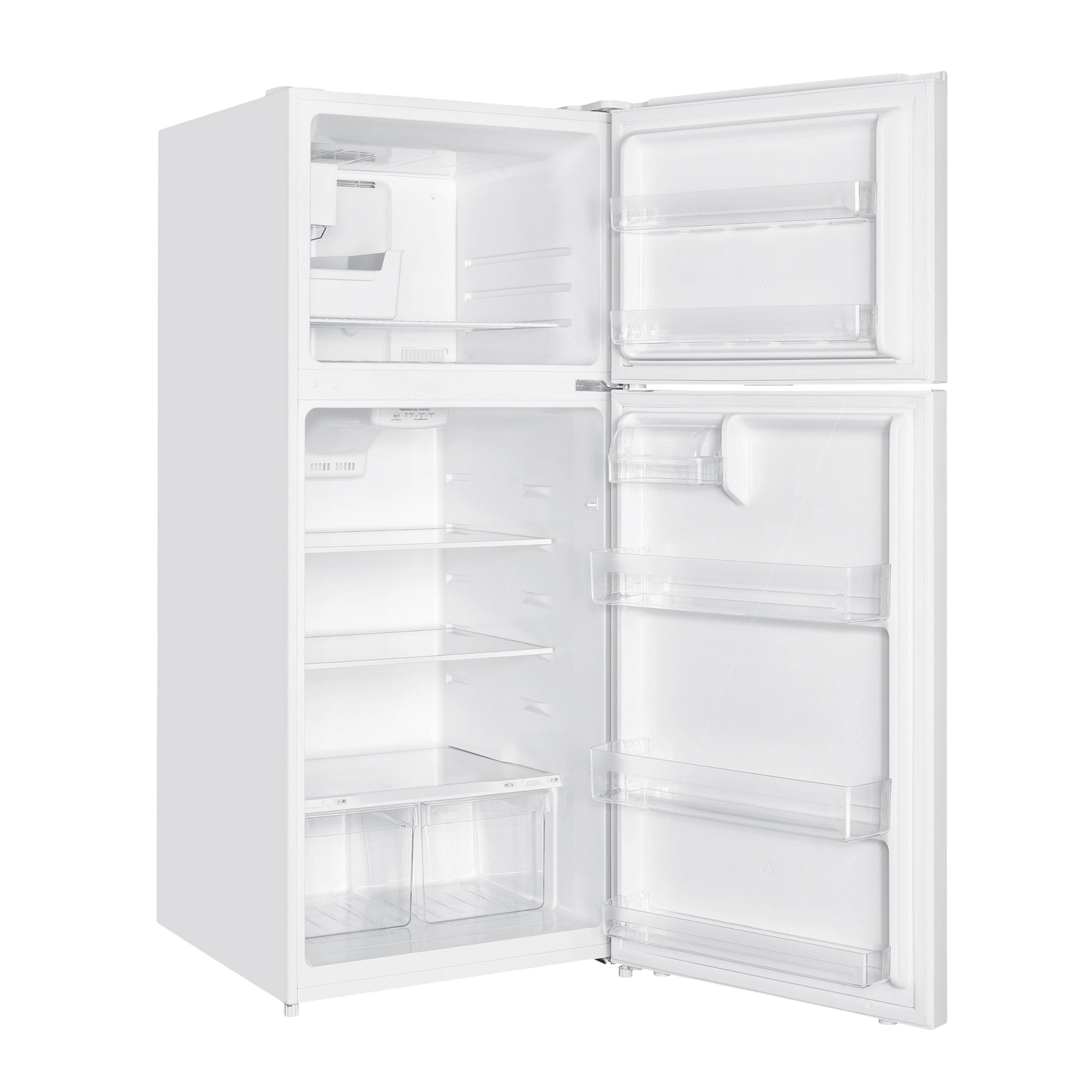 White top freezer refrigerator with open doors showing shelves, crispers, and an automatic ice maker kit installed inside freezer.