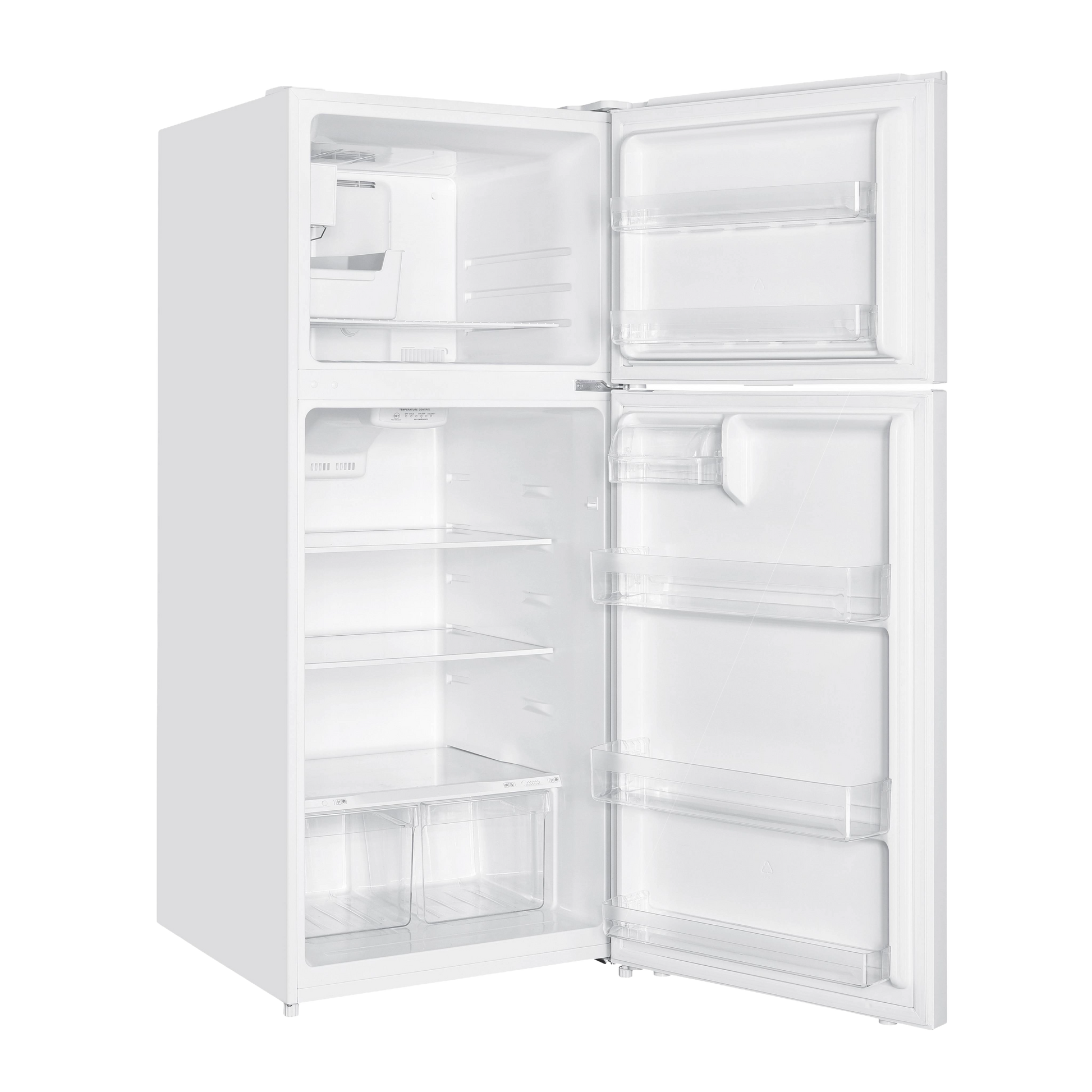 White top freezer refrigerator with open doors showing shelves, crispers, and an automatic ice maker kit installed inside freezer.