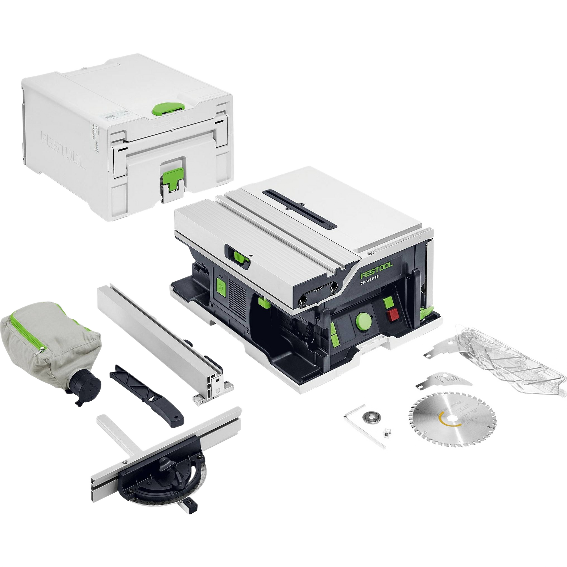Compact cordless table saw system with adjustable fence, saw blades, dust collection bag, and storage case for home improvement tasks