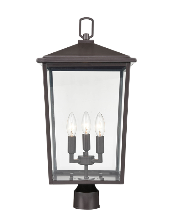 Three-light outdoor post lantern in bronze finish with clear glass panels for outdoor living and garden lighting projects