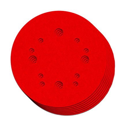 Seven-pack of red 5-inch sanding discs with ventilation holes for power tool accessories in abrasives collection