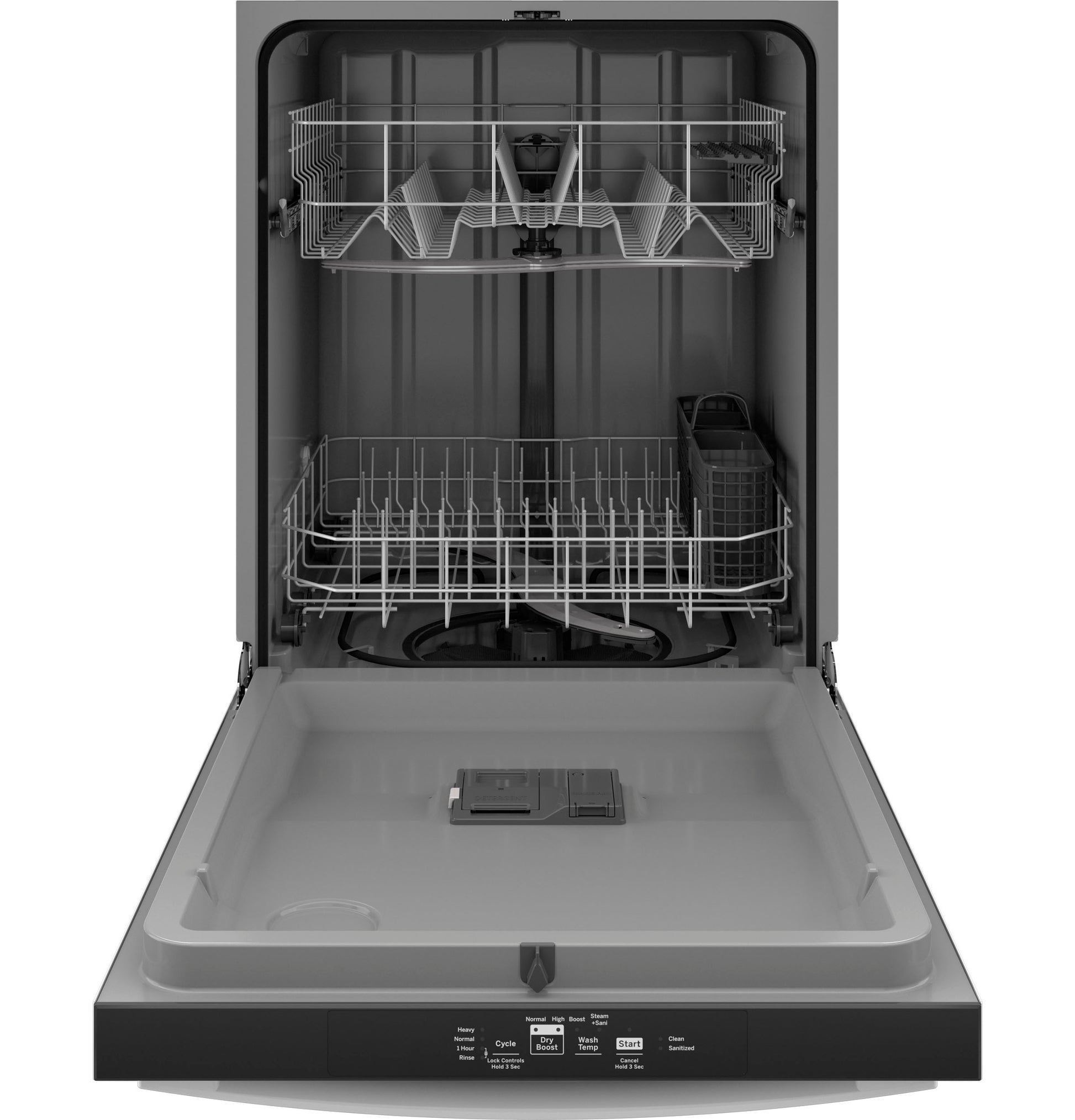 Open GE ENERGY STAR dishwasher with plastic interior and adjustable racks in kitchen appliances collection