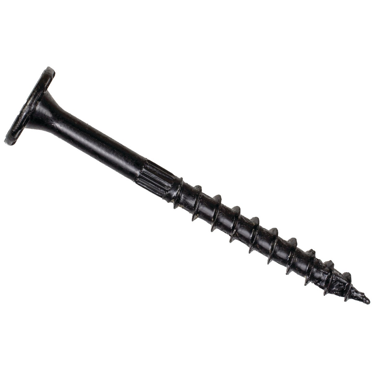 Black structural wood screw with flat head and aggressive threading, designed for lumber and home improvement projects under $50 collections
