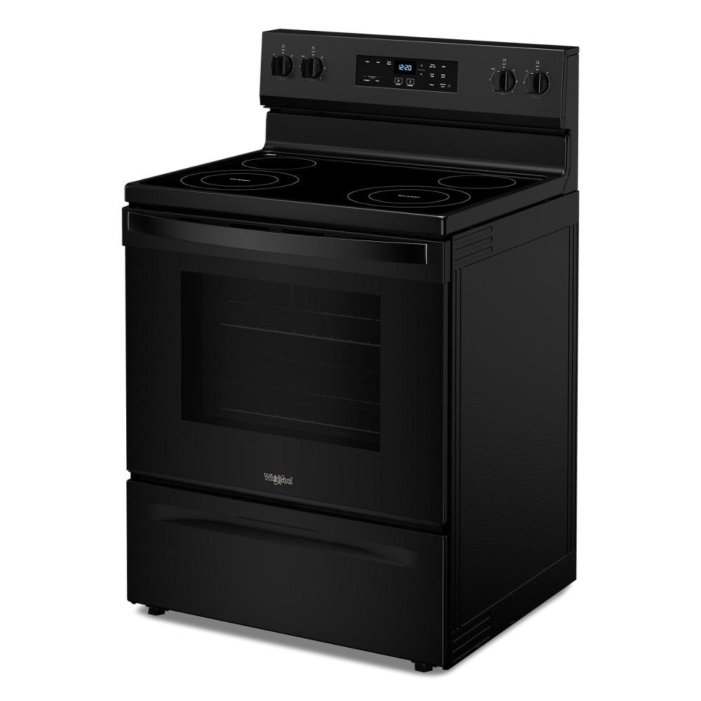 black electric range with smooth cooktop, control knobs, and digital display for kitchen appliances and home improvement