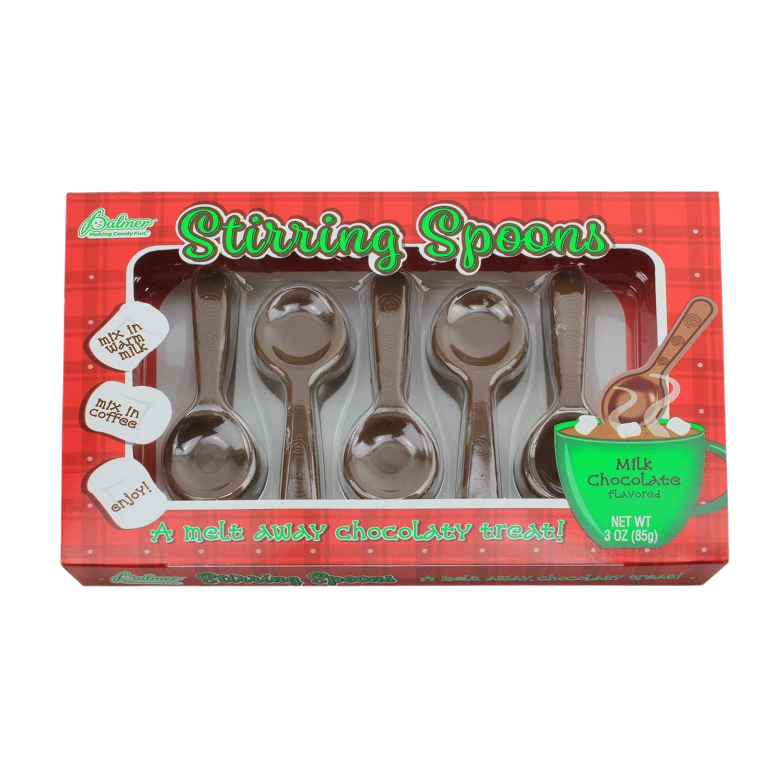 Pack of five milk chocolate stirring spoons in festive red box from Food & Beverage under $50 collection