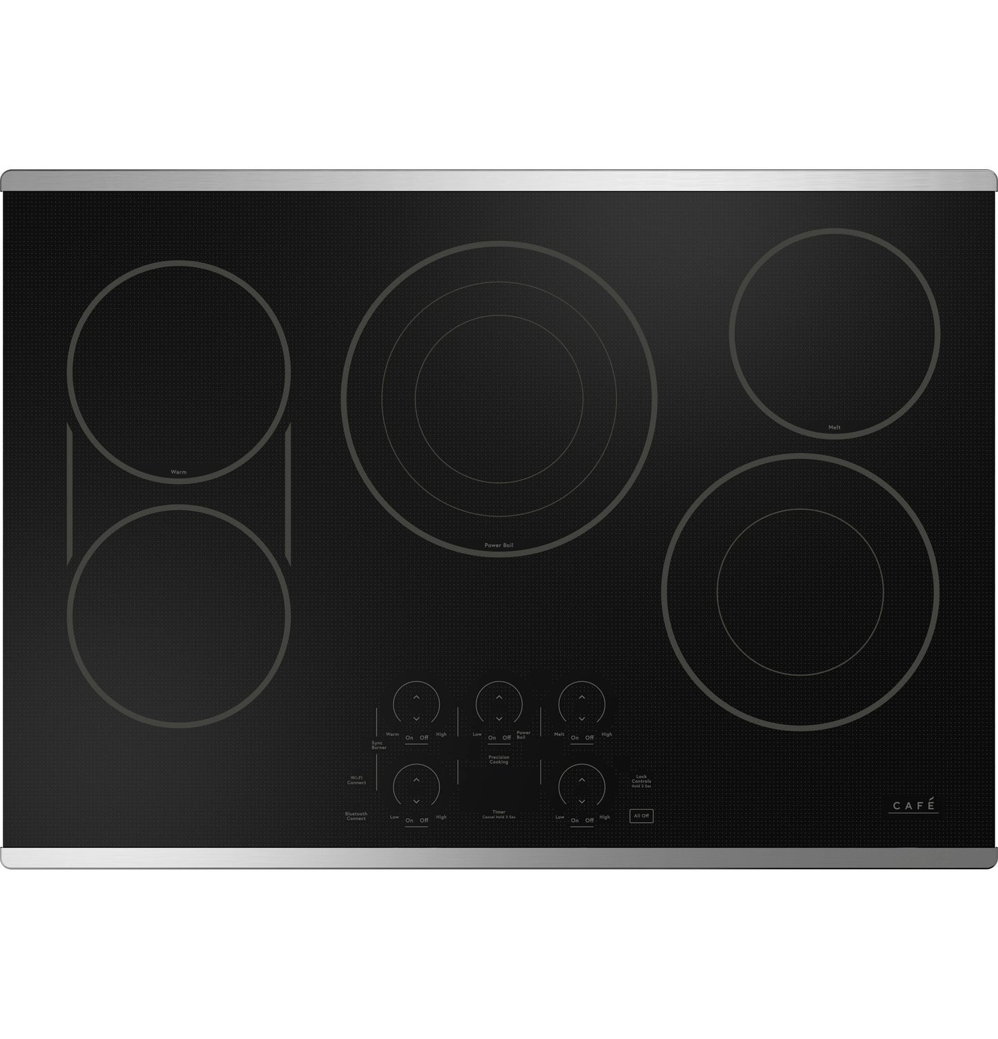 Black electric cooktop with multiple radiant heating elements and touch controls in kitchen appliances collection