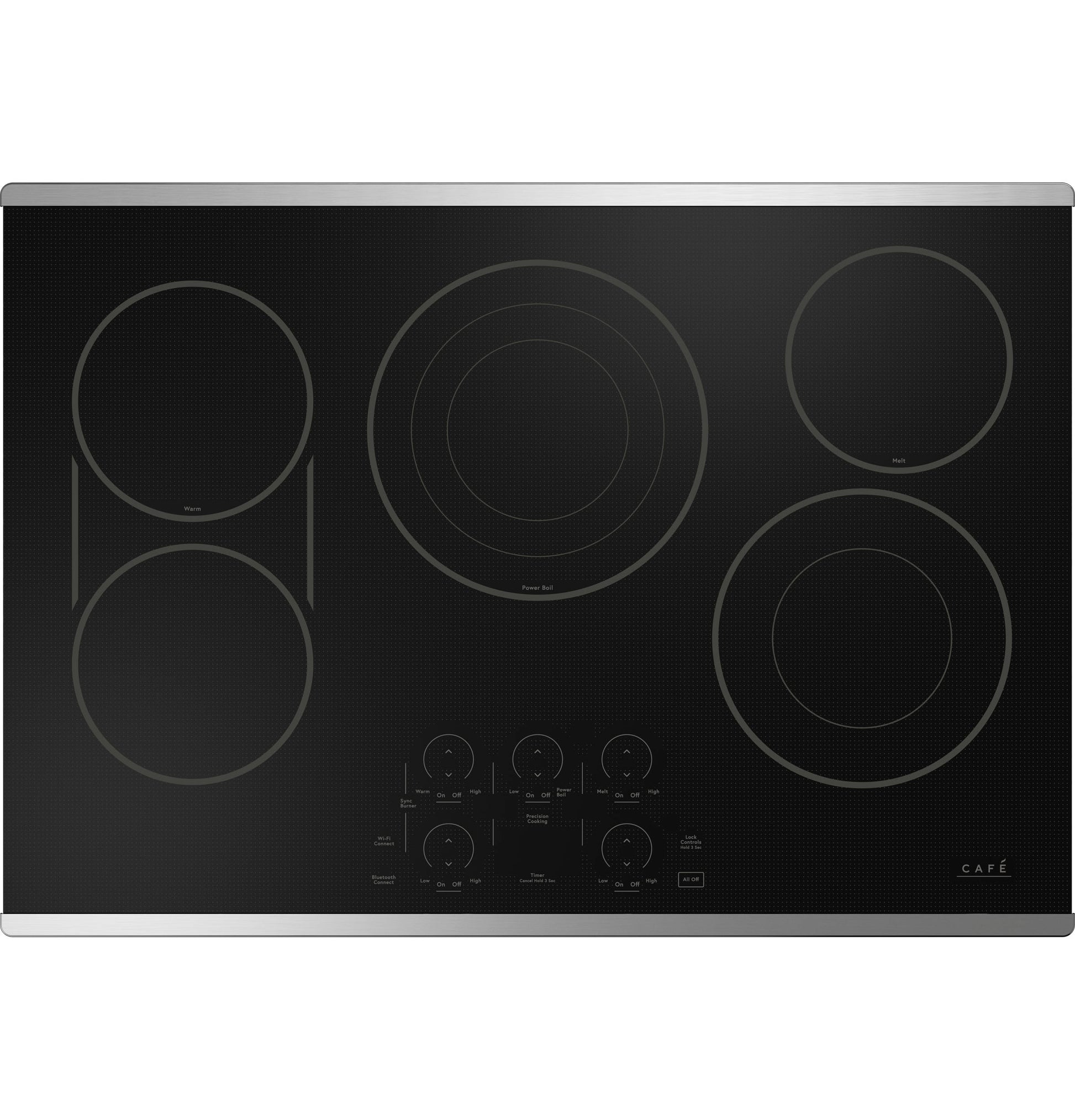 Black electric cooktop with multiple radiant heating elements and touch controls in kitchen appliances collection