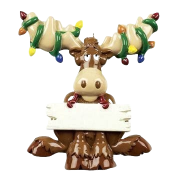 Festive moose ornament with colorful lights on antlers holding blank wooden sign for Christmas tree decor under $50 collection