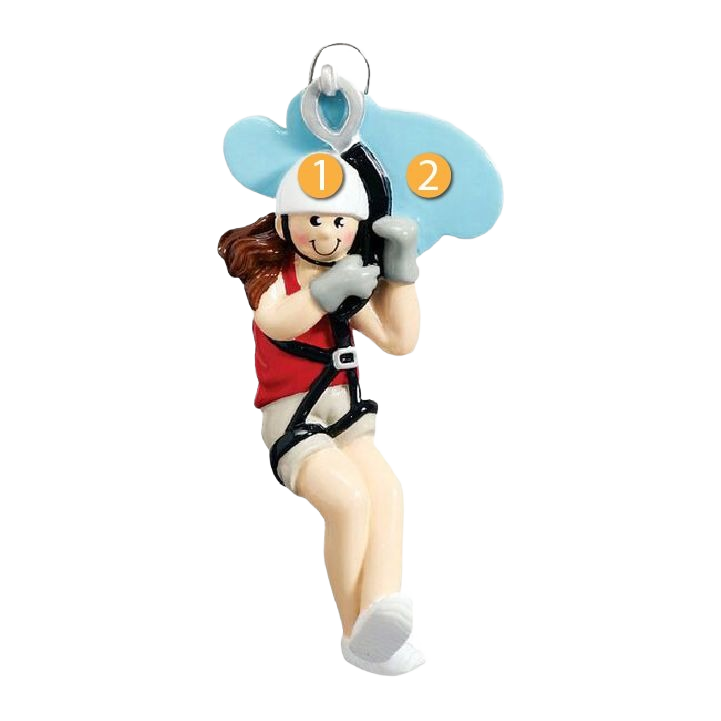 Playful girl wearing helmet and gloves on a red harness zip lining Christmas ornament under $50 decoration