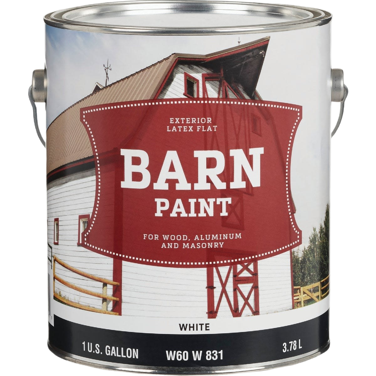 Gallon of white exterior latex flat barn paint for wood, aluminum, and masonry in exterior paint and home improvement collection