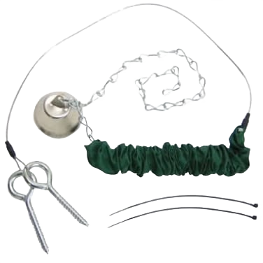 Green fabric-wrapped squirrel feeder with metal chain, mounting hardware, and cable ties for outdoor wildlife supplies collections