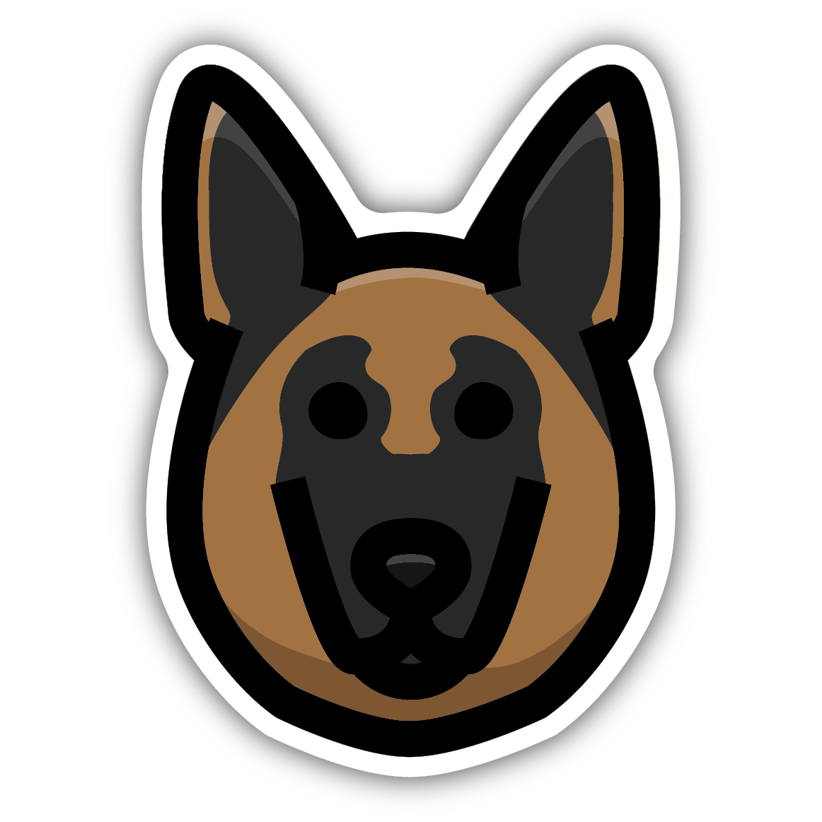 Illustrated German Shepherd dog face sticker with black and brown markings, part of Stickers Northwest collection