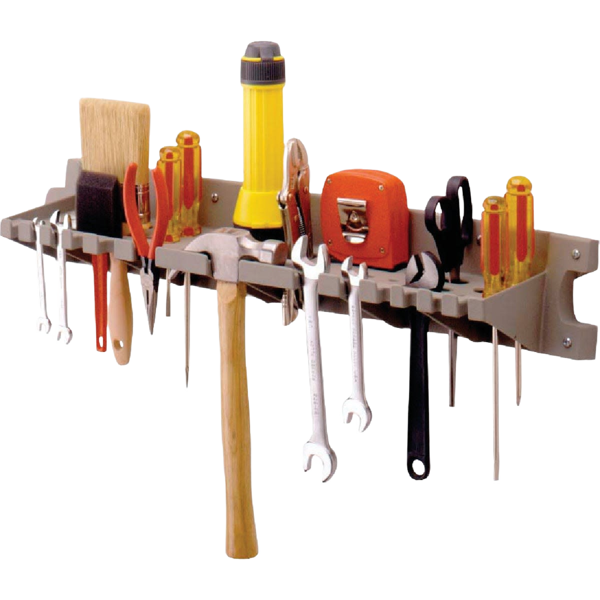 2 ft. resin hand tool rack organizer with tilt-back design holding screwdrivers, hammer, wrench, scissors in hardware storage