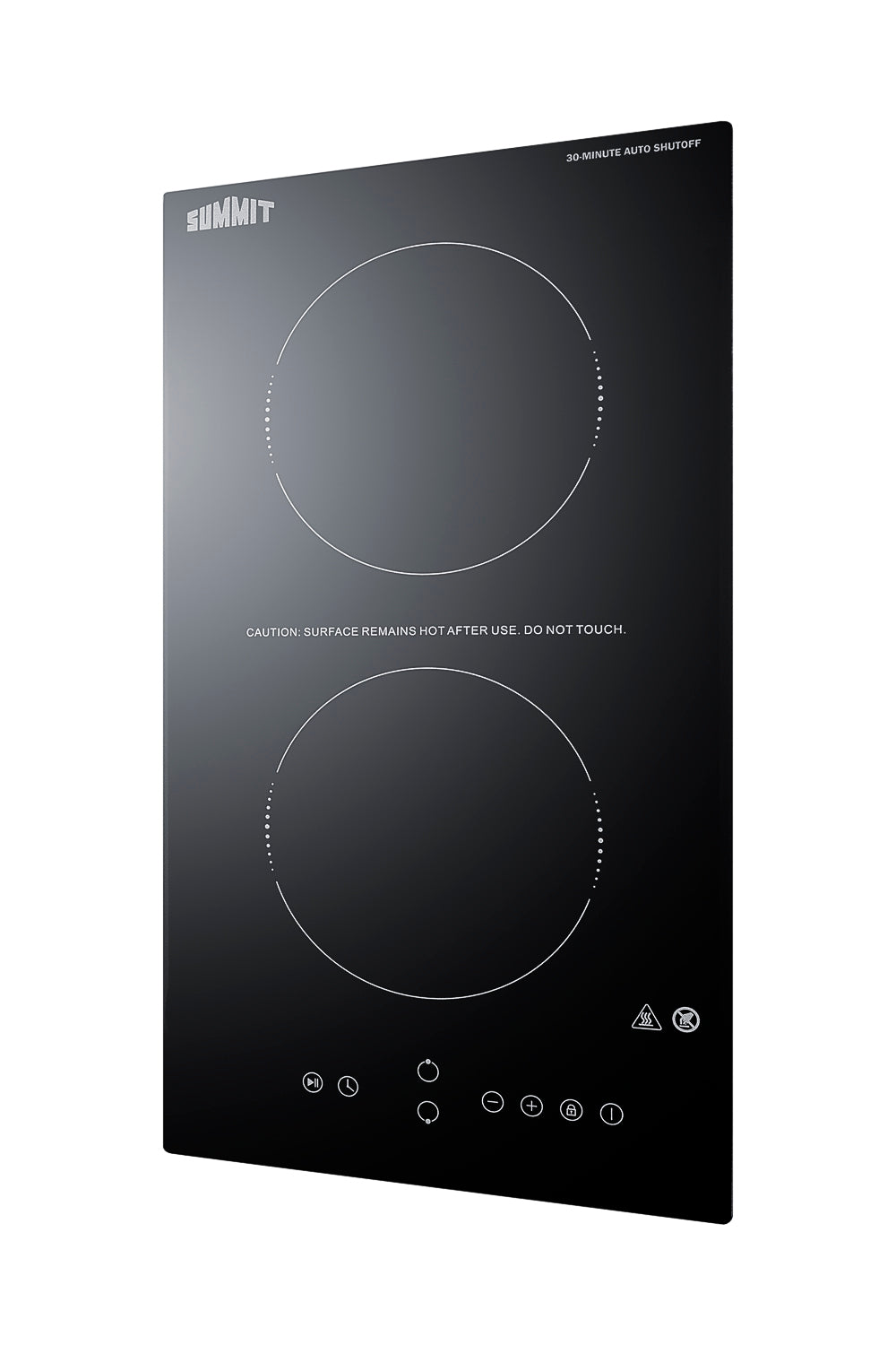 Black radiant cooktop with two burners and safety shutoff, featuring touch controls for home kitchen appliances and improvement.