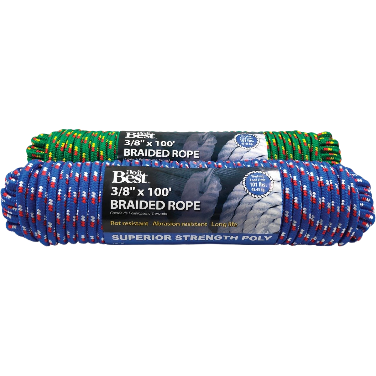 Two rolls of double braided polypropylene rope, 3/8 inch by 100 feet, in green and blue colors for home improvement use